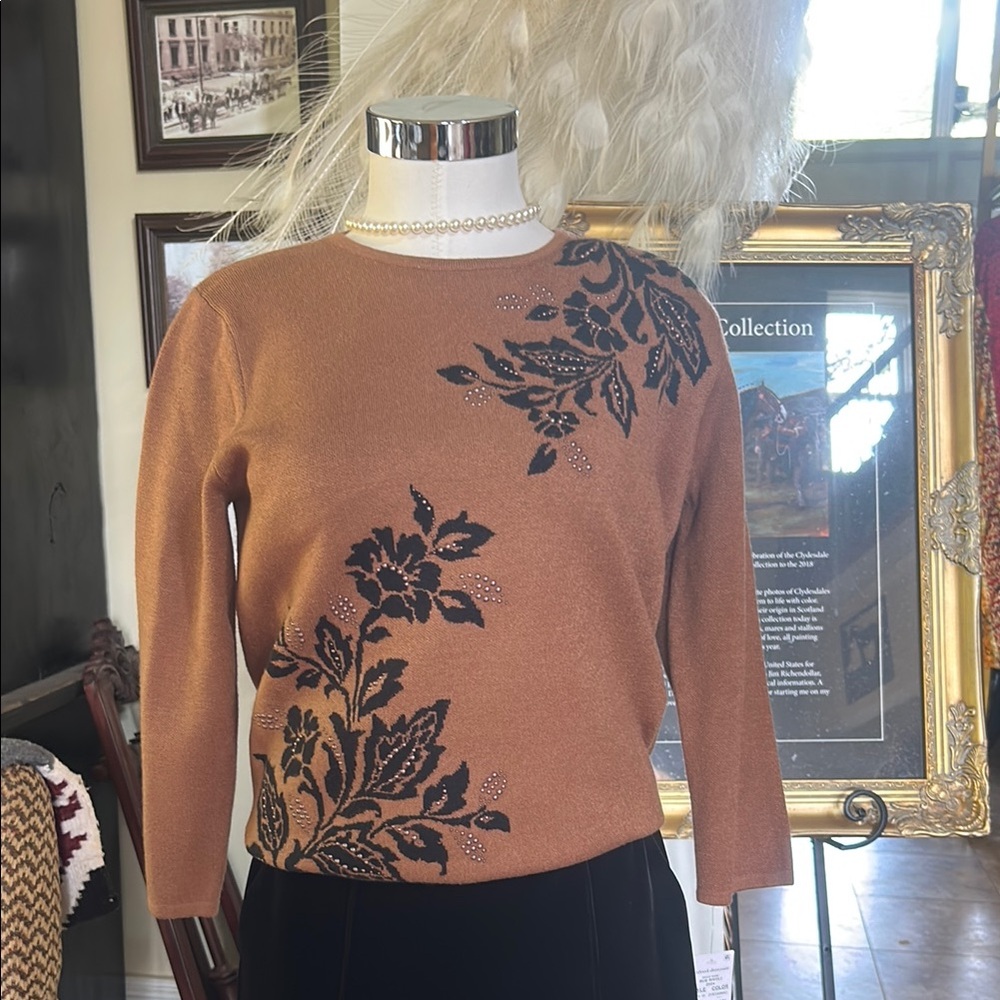 NWT Alfred Dunner Sz PS Brown Sweater with Black Floral Beaded Design